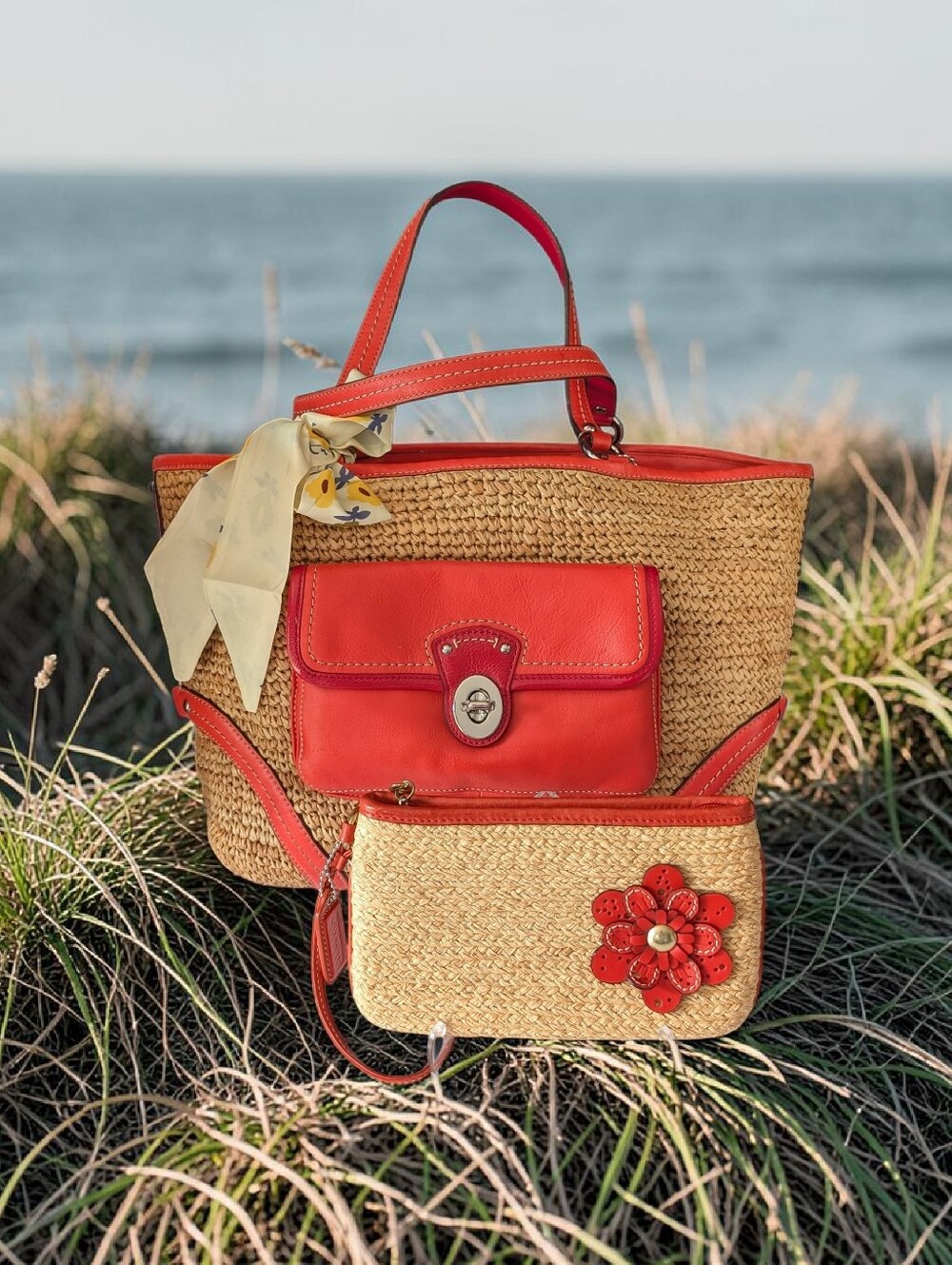 Coach Legacy Raffia Tote with Coral Leather Trim and Matching Wristlet